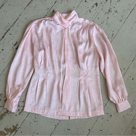Vintage JL Plum Silky Damask Shell Pink High Neck Blouse - Picture 3 of 14